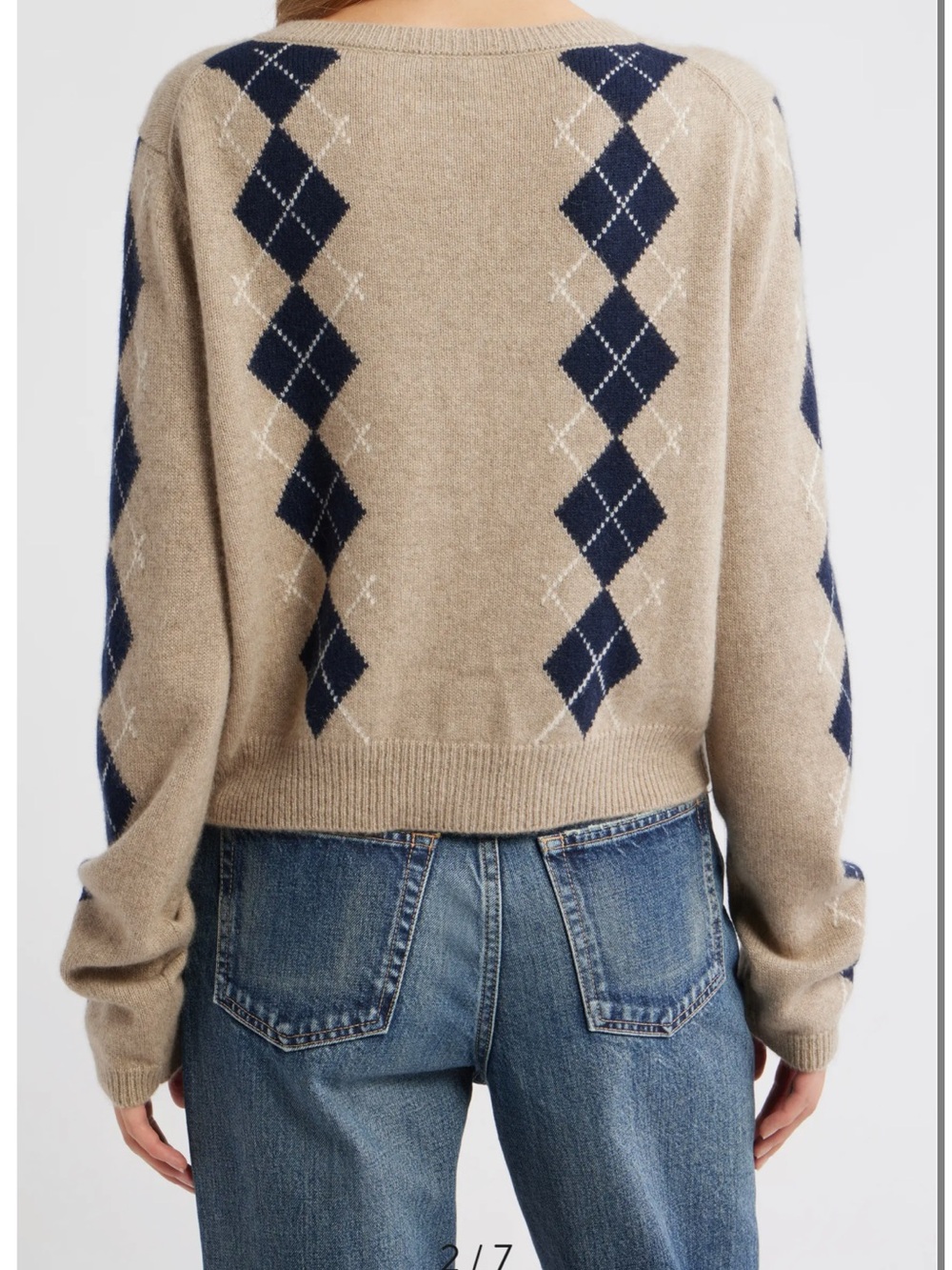 Reformation Women’s Clara Cashmere Cardigan with beige and Navy Diamonds - Picture 4 of 10